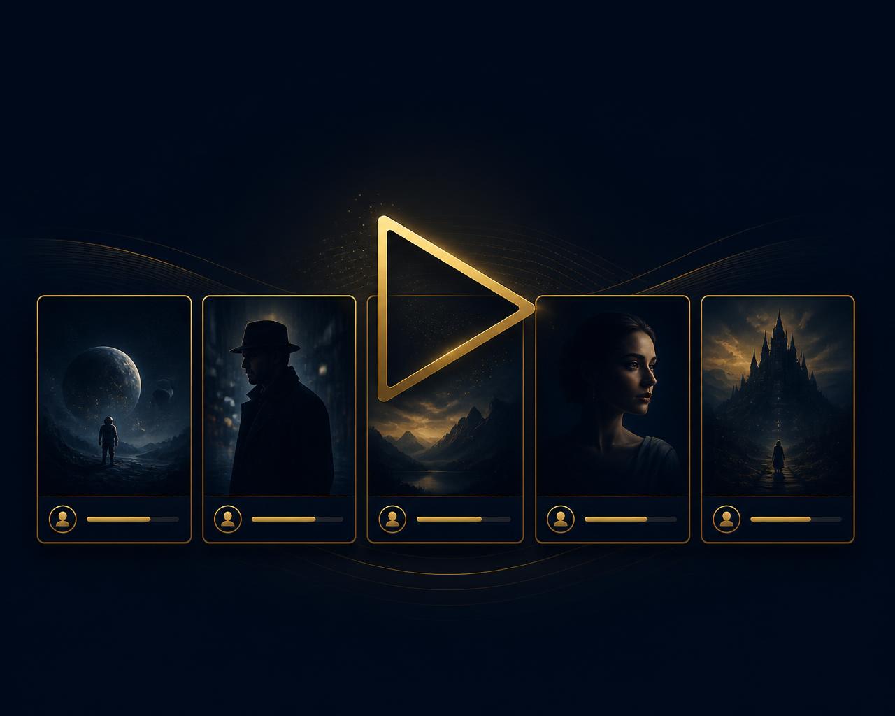 A premium content shelf of branded video tiles with a gold play-button motif — broker authority library.