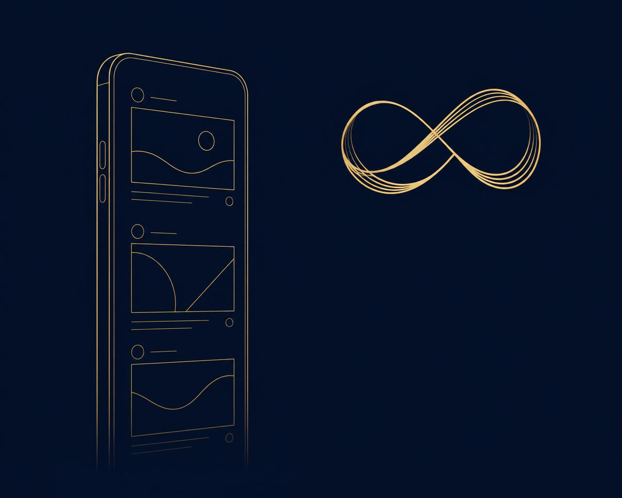 An abstract gold-linework phone showing a social feed with a single tasteful gold glyph beside it.