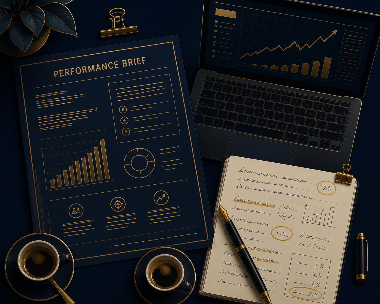 A strategist's-eye view of a desk — a one-page Performance Brief, a laptop showing a pipeline trend chart, two espressos, and marked-up handwritten notes.