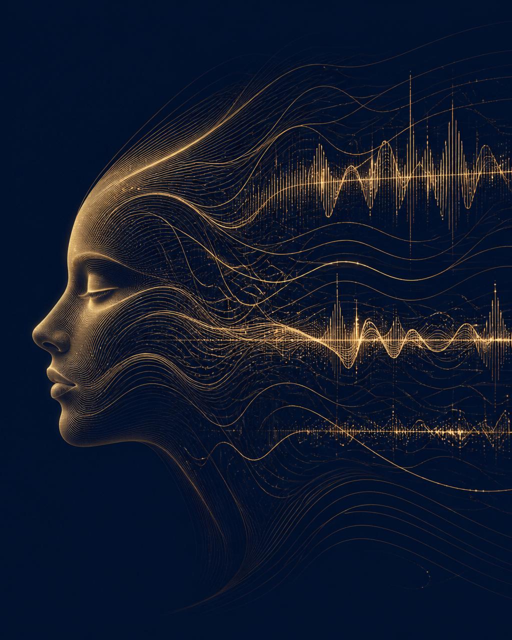 An abstract gold linework figure dissolving into soundwaves, representing a human-sounding voice agent.